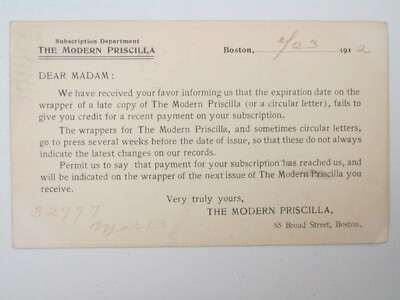 L415 Postal Card Advertisement 1912 The Modern Priscilla subscription offer