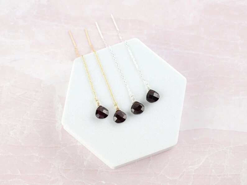 Orecchini pendenti filo goccia a forma di cuore granato rosso naturale orecch... - Immagine 2 di 4