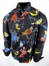 Mens Designer Shirt Black Colorful Tropical Bird Floral Prints Slim Fit Casual