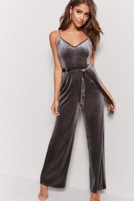 Forever 21 Size Large Jumpsuit Dark Grey Velvet Wide Leg Sleeveless V Neck  Belt