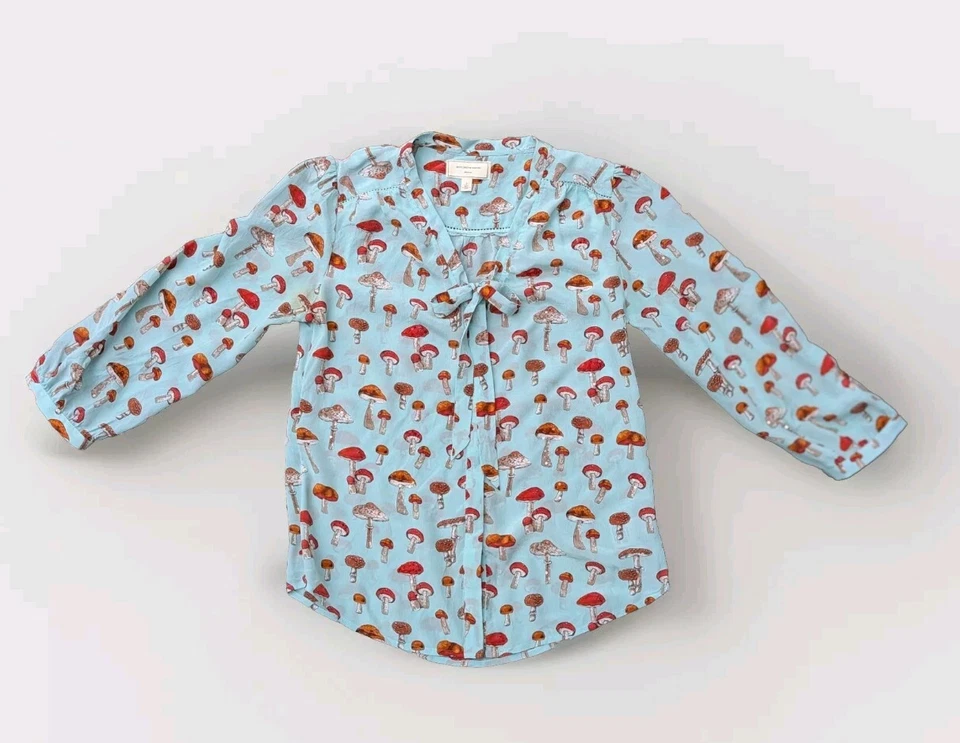 Moulinette Soeurs 100% Silk Sz 2 Mushroom Print Bow Neck Blouse Top Anthropolog - Image 4 of 4