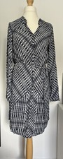 Monsoon Geometric Long Sleeve Shirt Dress Size 10 100% Viscose White/navy Blue