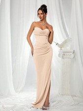 Solid Color Strapless Slit Elegant Evening Gown For Bridesmaids Bodycon Dress