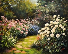 Garden with blooming asters oil painting 8x10 Print