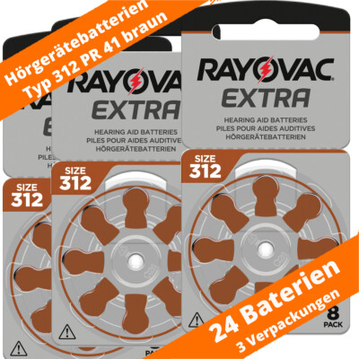 24 x Rayovac Extra Typ 312 Braun PR41 ZA312 Hörgerätebatterien 1,45V 3 x 8ter