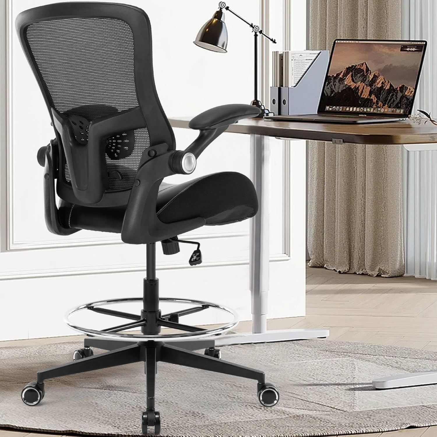 Ergonomic Adjustable Drafting Chair with Lumbar Support and Footrest for Tall Office Use-image