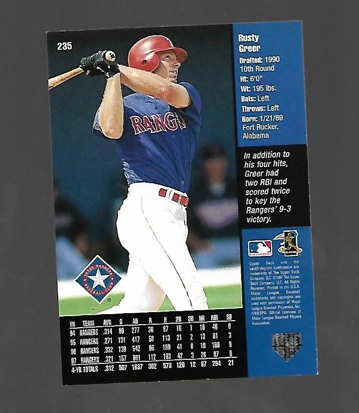 Rusty Greer 1998 UD Series 1 #235 Texas Rangers - Image 2 of 2