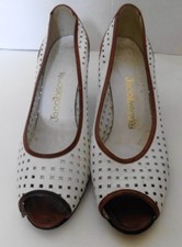 Vintage Brown and White Perforated Peep Toe Shoes Jacobson's 8 M High Heel