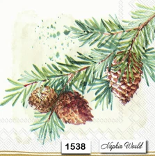 (1538) TWO Individual Paper Luncheon Decoupage Napkins - PINE BRANCH TREE CONE