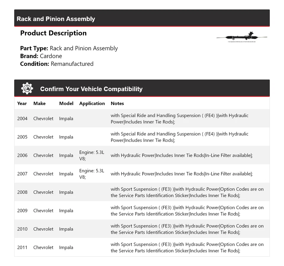 Стойка и шестерня в сборе Cardone для Chevrolet Impala 2004-2011 годов выпуска 2005 2006 2007 годов выпуска - Изображение 2 из 4