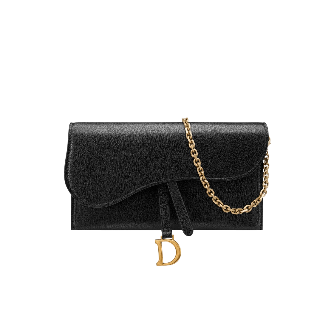 Dior Long Saddle Wallet with Chain in Black Goatskin Leather