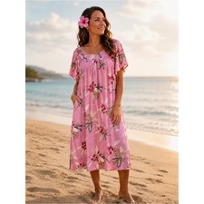 Hilo Hattie Hawaiian Muu Muu Dress Pink Hibiscus Pineapple Ukulele Size 2XL