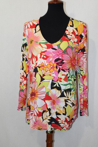 LEL Long Elegant Legs Sz L Bright Floral Stretch Knit Tunic Top Long Sleeve USA