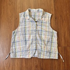 Vintage Y2K 90s Tank Top Medium Plaid Eyelet Collared Button Up Cottage Western