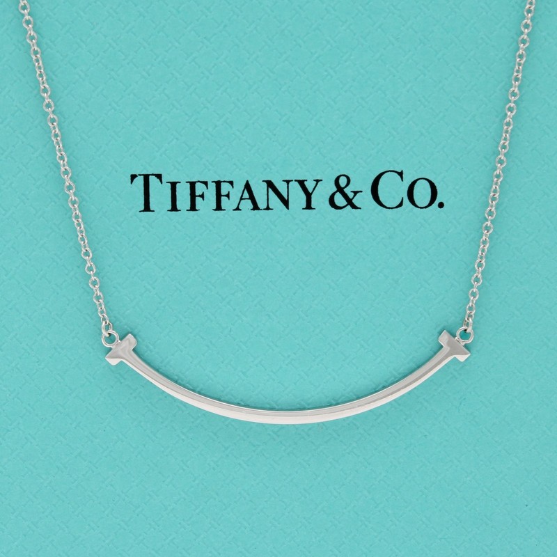 Tiffany and Co 18k White Gold T Smile Pendant Necklace 16-18" Necklace #JB672-4