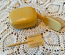 Vintage Ivory Pyralin Celluloid Vanity Set Powder Box Hair Brush Baby Comb