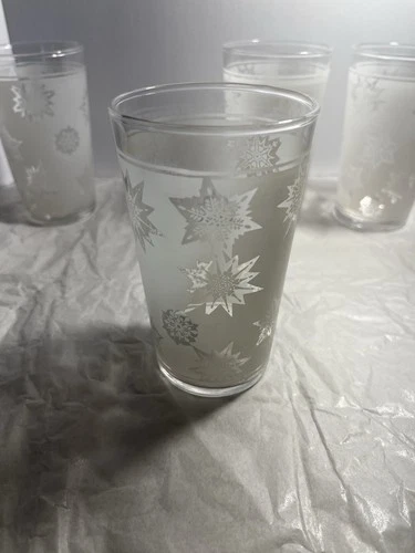 MCM Atomic Snowflake Federal Glass 12oz Tumblers Frosted Set of 4 VTG 1950s 60s