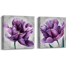 Purple Flower Canvas Wall Art, Set of 2 Floral Picture Canvas Print Wall Deco...