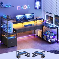 L Shaped Computer Desk with 4 Drawers  LED Lights, Reversible Gamer Desk Table