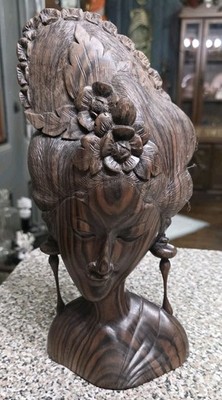 Vintage Carved Striped Ebony Bust of Lady, Balinese 1930s-60s