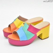 Womens Open Toe Platform Slide Sandals Mid Chunky Heel Colorblock Colorful Mules