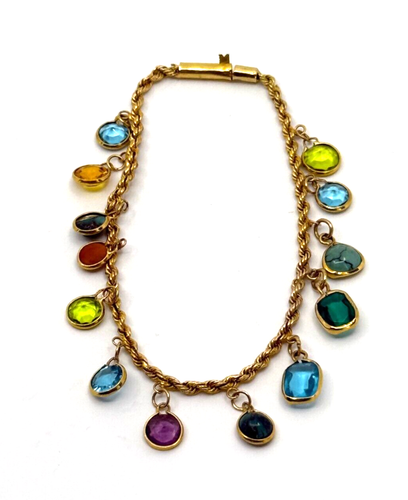 Egypt Solid 18K Yellow Gold Gemstone Charm Station Twisted Chain Bracelet 7