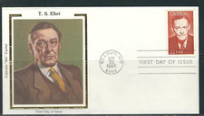 POET T.S. ELIOT PULITZER PRIZE LITERATURE 1986 COLORANO SILK CACHET FDC  UNADDR