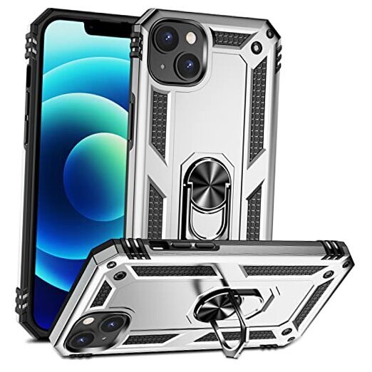Military Grade Drop Impact for iPhone 14 Plus Case 360 Metal Rotating Silver