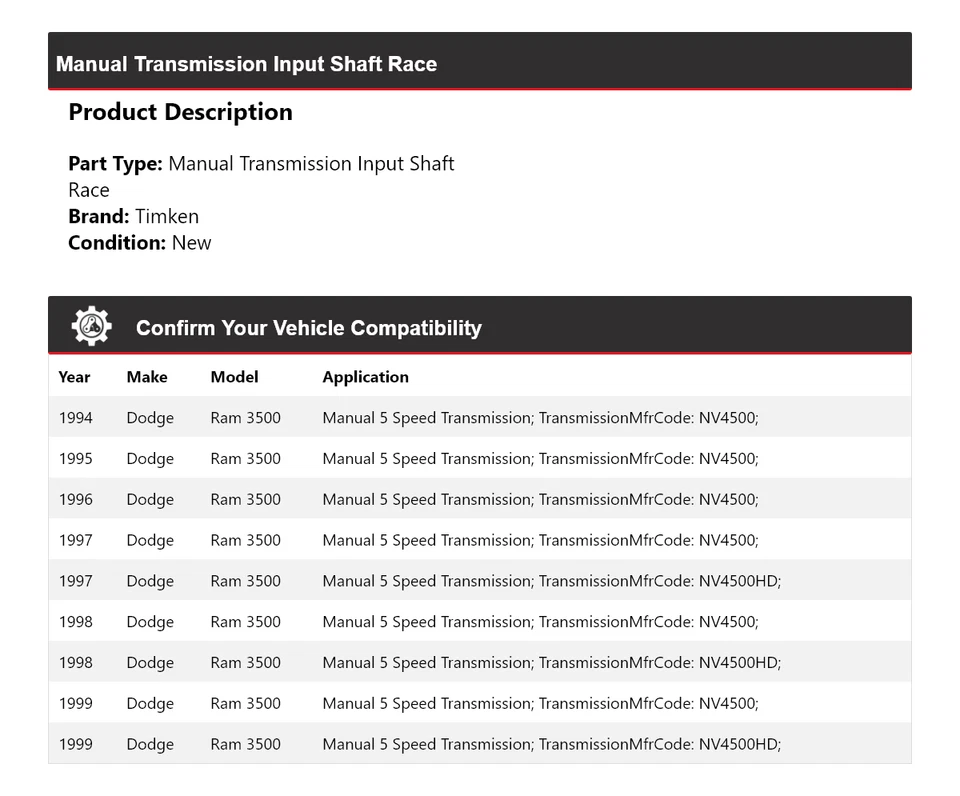 Eje de entrada de transmisión manual Race Timken 1995 para Dodge Ram 3500 1994-1999 Foto 2 de 4