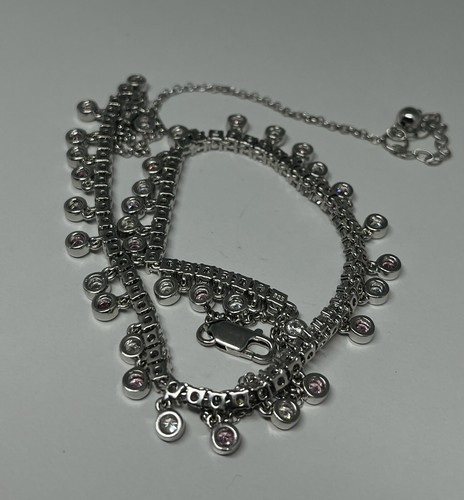 925 Sterling Silver White & Pink CZ Choker Necklace 17–20” Sizable - Picture 7 of 11