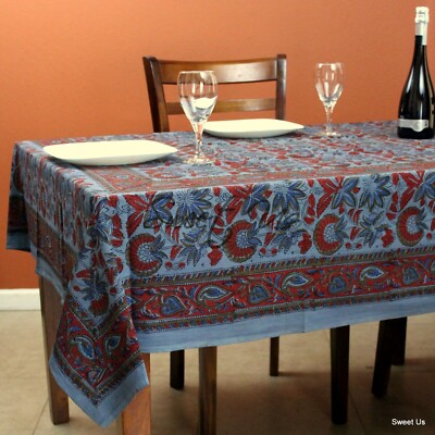 Block Print Cotton Floral Tablecloth Rectangle Blue Red Linen Bed sheet Queen