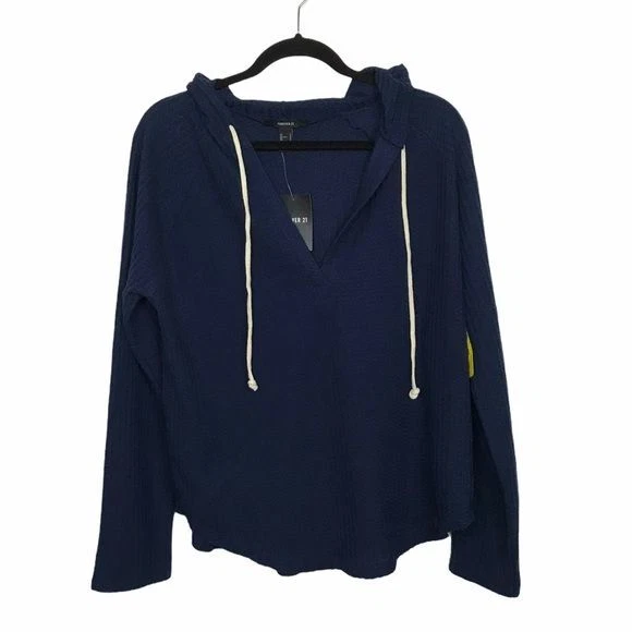 Forever 21 Blue Waffle Knit V Neck Hoodie NWT Medium