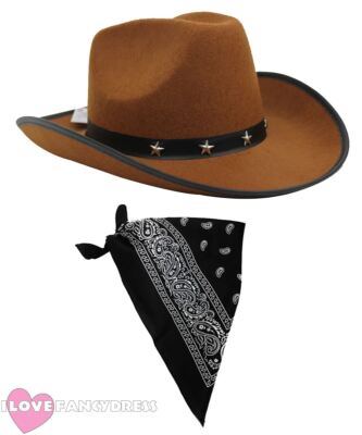 ERWACHSENE COWBOYHUT & BANDANA SET WESTERN KOSTÜM WILD WEST TV SHERIFF MEXIKANER