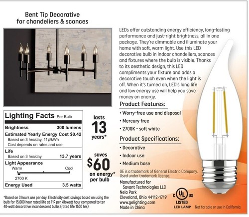 GE LED Light Bulbs 40 Watt Soft White CA11 Bulbs E12 Candelabra Base 4pk *NEW* - Picture 6 of 8