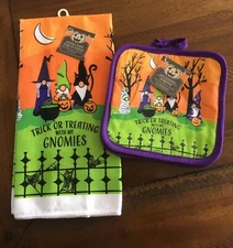 Halloween Gnome Kitchen Towel Potholder Set ( 2 Potholders, 1 Towel) New