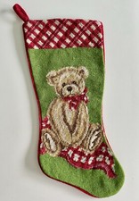 Vintage VTG 19" Wool Needlepoint Christmas Holiday Teddy Bear Plaid Band