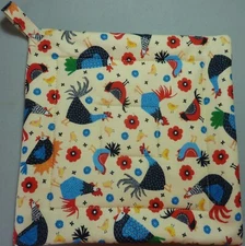 Deluxe Hot Pad/ Pot Holder: PATCHWORK CHICKENS: Blue/ Red/ Cream