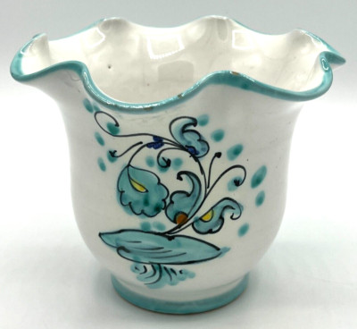 Italian Artisan Pottery Planter Rooster Hen Ruffled Edge White Turquoise Pot