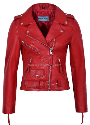 Damen rote Lederjacke Brando tailliert Urban Biker Style 100% echt NAPA MBF