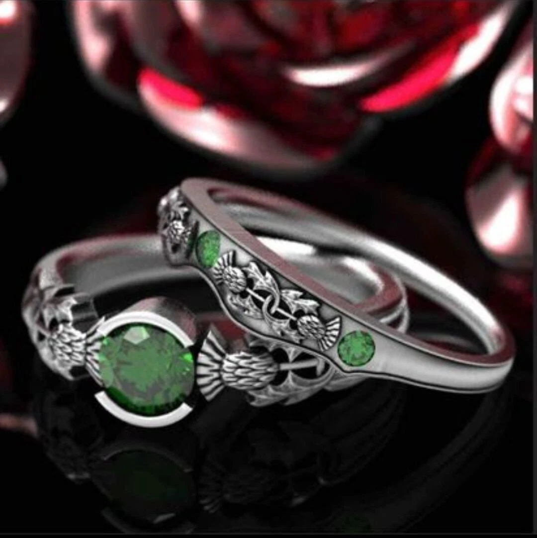 Emerald thistle wedding band set engagement Scottish Size 8.5