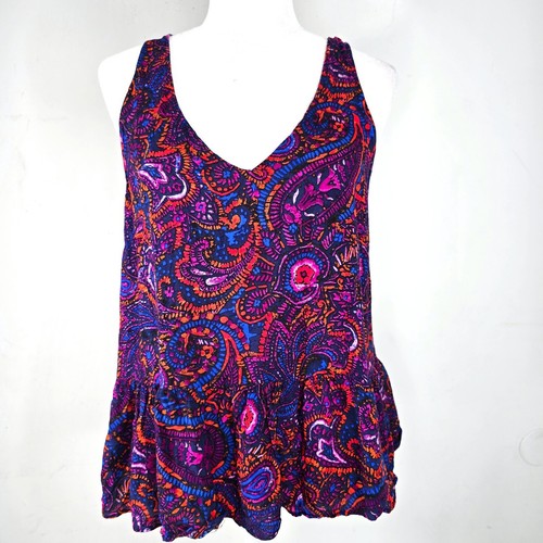 90s Y2K Eight-Sixty Tanktop Damen L schwarz lila blau Rüschen Schößchen V-Ausschnitt Top