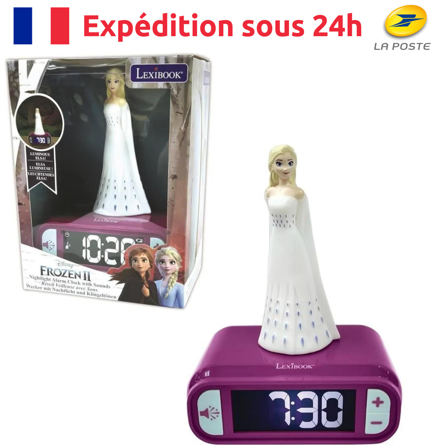 Réveil digital Elsa Reine des Neiges série Crystal à double alarme sonore et écran LCD