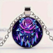Purple Rose Flower Round Pendant Necklace
