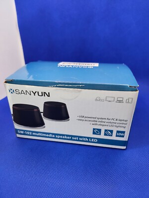 Sanyun SW-102 Multimedia Speaker Set w/ LED Excellent. Black, USB or 3.5MM Jack.