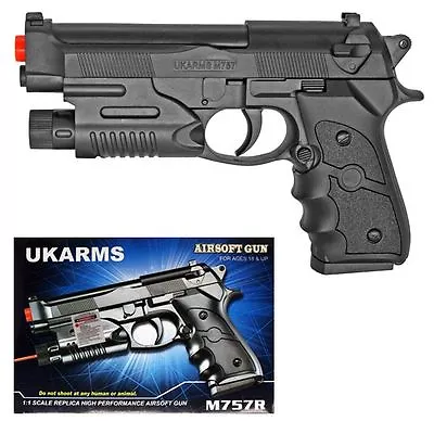 UK ARMS 8.5" Black Plastic Airsoft Pistol Handgun Gun w/BB & Laser M757R 160FPS