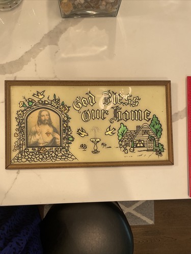 vintage “ GOD BLESS OUT HOME “ jesus christ framed wall hanging - Picture 2 of 8