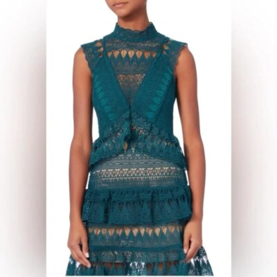 NWT Self-Portrait Teardrop Guipure Lace Mini Dress Teal Turquoise Blue sz 4 /729