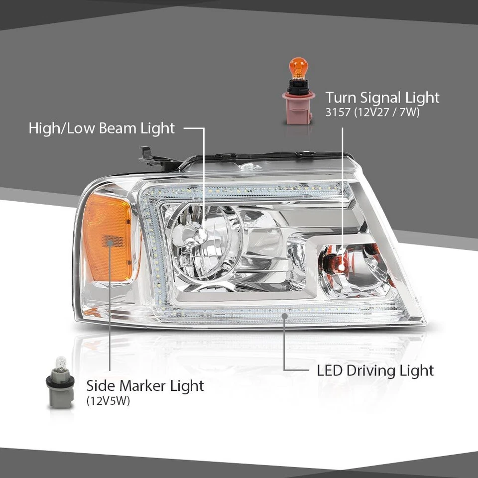 LED DRL Headlights Amber Corner Chrome Fit For 04-2008 Ford F150 Lincoln Mark LT - Изображение 4 из 4