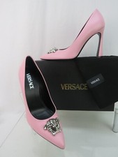 VERSACE ENGLISH ROSE PINK LEATHER SILVER MEDUSA HEAD LOGO HEEL PUMPS 39 9 $900