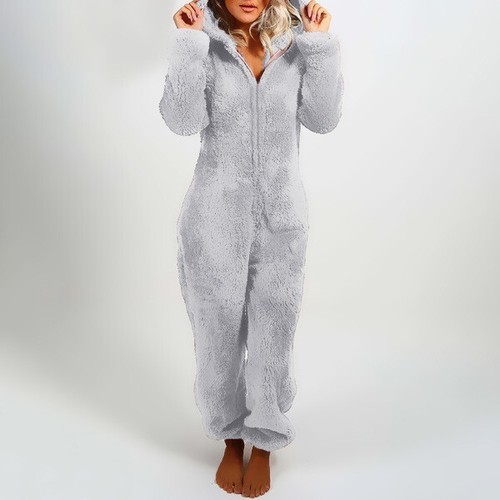 Damen Winter Warm Plüsch Jumpsuit Teddybär Schlafanzug mit Kapuze Pyjama Overall - Bild 34 von 43